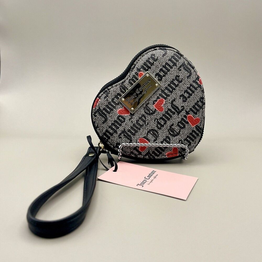 Juicy Couture Heart Status Zip Wristlet Coin Purse Black Grey NEW WITH TAGS